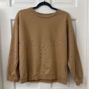 Sybilla Studded Sweatshirt Sz XL Camel Western Boho Edgy Minimalist Grunge